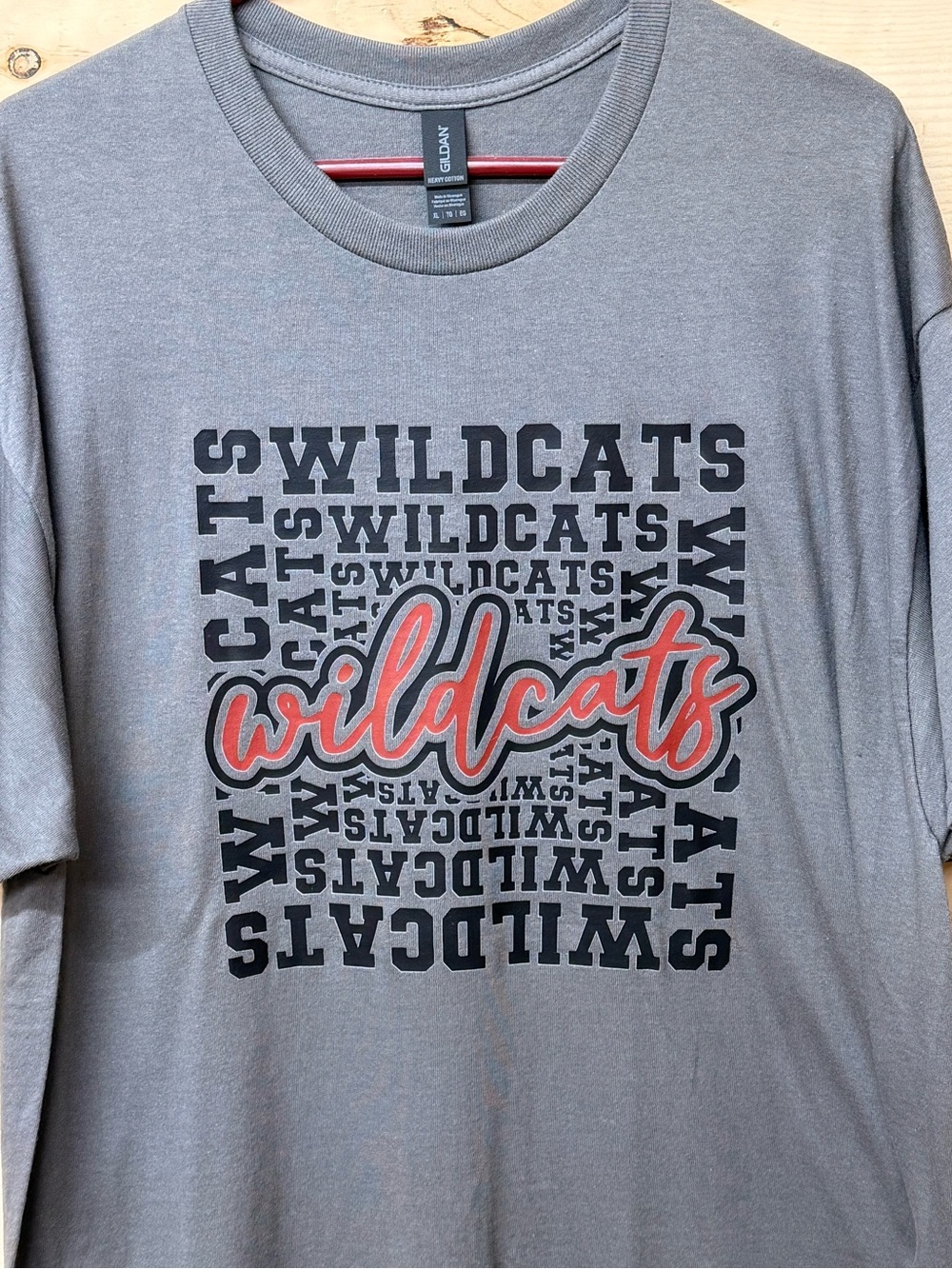 Gildan Gray 'Wildcats' Graphic Short Sleeve Tee with Red Accent